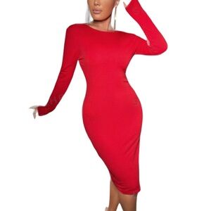 🔵 RED LONG SLEEVE BODYCON ZIP UP DRESS SIZE 6 (medium)